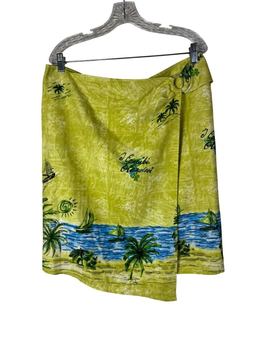 Nancy Bolen Silk Tropical Faux Wrap Skirt Women XL Tropical Yellow Green Beach